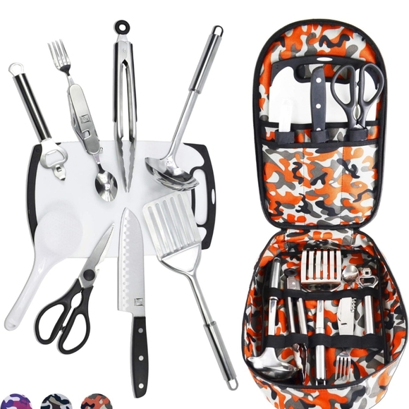 Wellmax Camping Grill Utensil Set w/bag, cutting board, knife, spatula, tongs - Picture 1 of 10